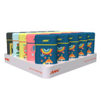 A display stand with rows of colorful, rectangular vape devices sits next to MK Lighter Companys Ignition Pocket Lighters - Nature Series, perfect for those seeking a vibrant touch and reliable torch flame.