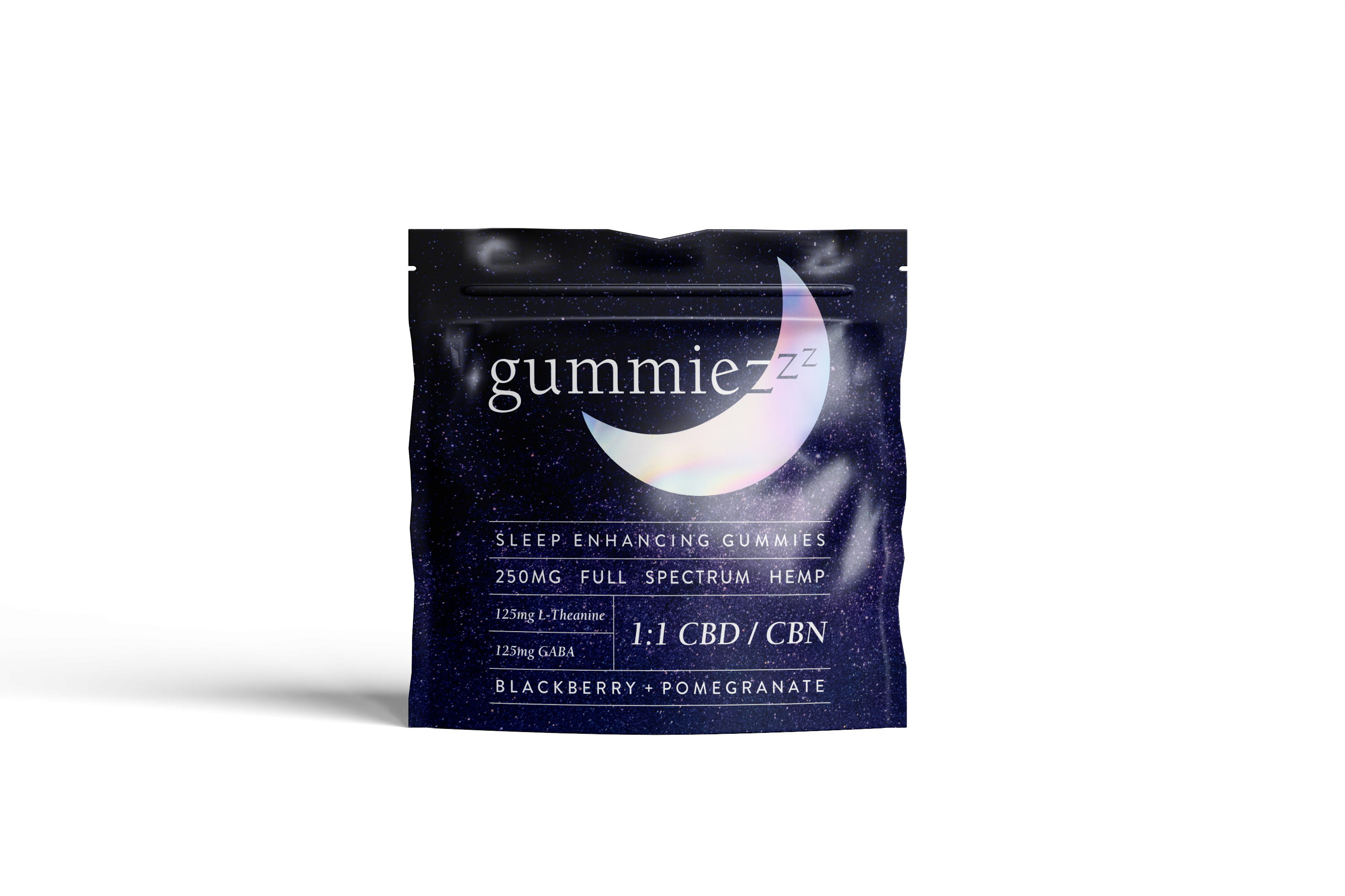 A package labeled GummieZzz by DeVINE Wellness features a crescent moon and starry background, promoting CBN gummies for sleep with 250mg full spectrum hemp, a 1:1 CBD/CBN blend, and blackberry-pomegranate flavor.