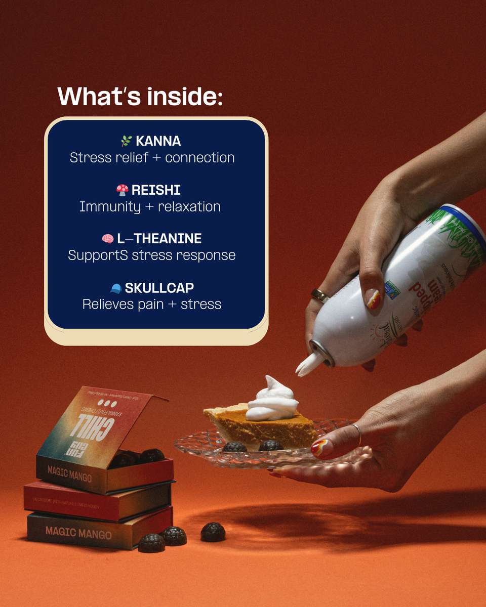 A hand tops a slice of pie with whipped cream. Nearby, a sign highlights stress-relief ingredients like Kanna and L-Theanine. Boxes labeled Fun Guy Chill Fruit Chews are visible, making this treat a perfect social lubricant.