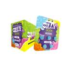 Vibrant packaging for Purple Magic’s “Psilly Dots Mega Dose” includes a box and blister pack with four blue round gummies. Bold, playful text and bright hues of yellow, purple, pink, and blue evoke sensory enhancement.