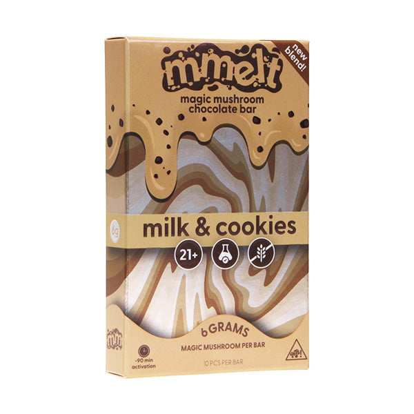 A box of Mmelt Mushroom Chocolate Bar by Cali Extrax, milk & cookies flavor, comes in brown and cream packaging with dripping chocolate graphics, contains 6 grams per bar, is for ages 21+, and activates in 90 minutes.