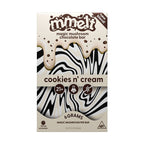 The Mmelt Mushroom Chocolate Bar by Cali Extrax, cookies n’ cream flavor, comes in a box with a dripping chocolate design, black and white swirls, and icons for 21+, lab tested, and 6g mushroom chocolate per bar.