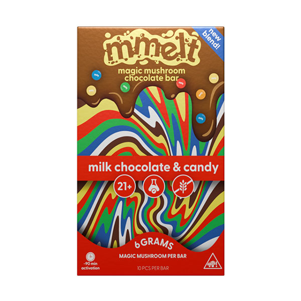 A box of Cali Extrax Mmelt Mushroom Chocolate Bar with vibrant rainbow patterns, labeled milk chocolate & candy, 6g per bar, edible mushroom chocolate bar, for ages 21+.