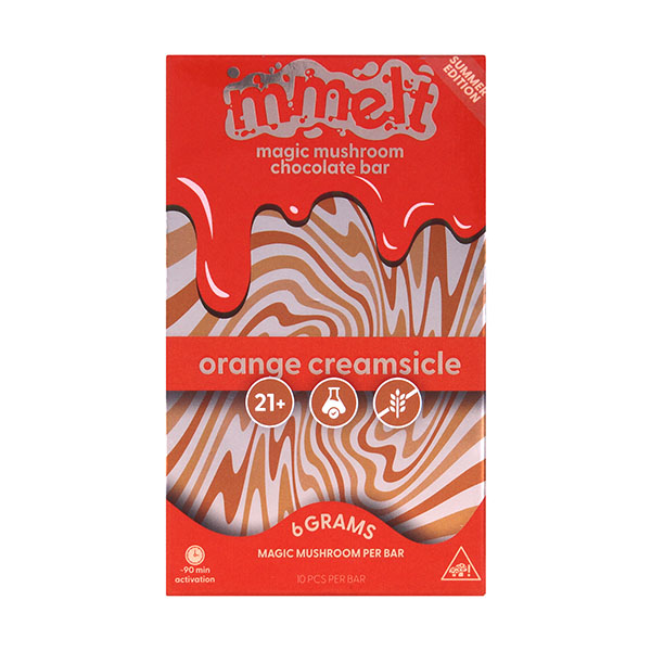 A red and orange box labeled Mmelt Mushroom Chocolate Bar by Cali Extrax, Orange Creamsicle, 6g. The packaging shows melting chocolate, wavy stripes, and icons for 21+, lab-tested, and a warning.