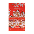 A red and orange box labeled Mmelt Mushroom Chocolate Bar by Cali Extrax, Orange Creamsicle, 6g. The packaging shows melting chocolate, wavy stripes, and icons for 21+, lab-tested, and a warning.
