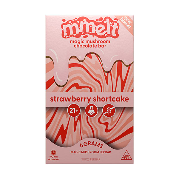 A pink and red Cali Extrax box labeled Mmelt Mushroom Chocolate Bar, strawberry shortcake, with melting chocolate graphics. Packaging notes 6g per bar and a 21+ age limit.
