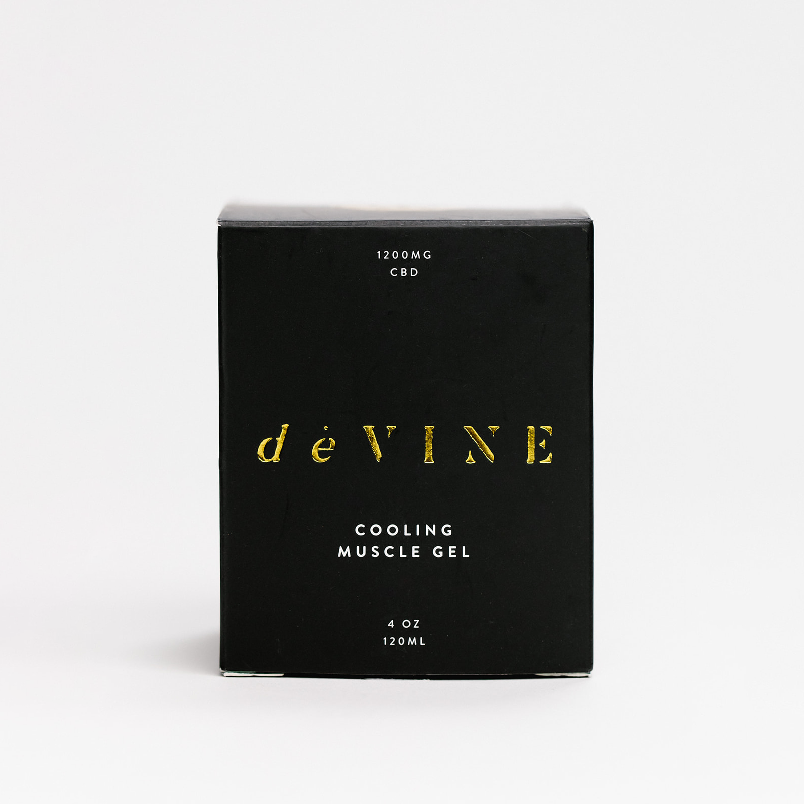 A black box labeled deVINE Cooling Muscle Gel by DeVINE Wellness, featuring gold and white text, 1200mg CBD, and 4 oz (120ml), promising soothing pain relief, set against a plain white background.