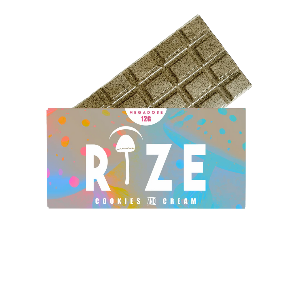 A partially unwrapped Rize 12G Mushroom Chocolate Bar with vibrant packaging labeled Rize Cookies and Cream, a psychedelic mushroom graphic, and MEGADOSE 12G at the top stands out against a white background.
