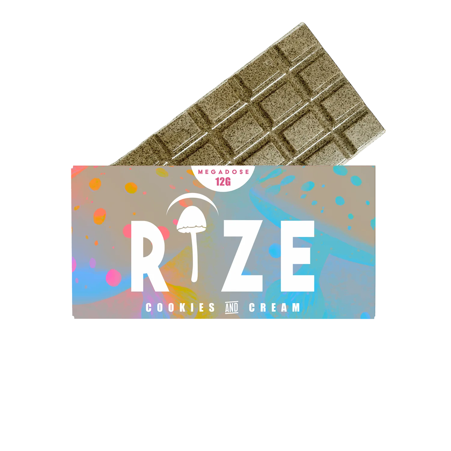 A partially unwrapped Rize 12G Mushroom Chocolate Bar with vibrant packaging labeled Rize Cookies and Cream, a psychedelic mushroom graphic, and MEGADOSE 12G at the top stands out against a white background.