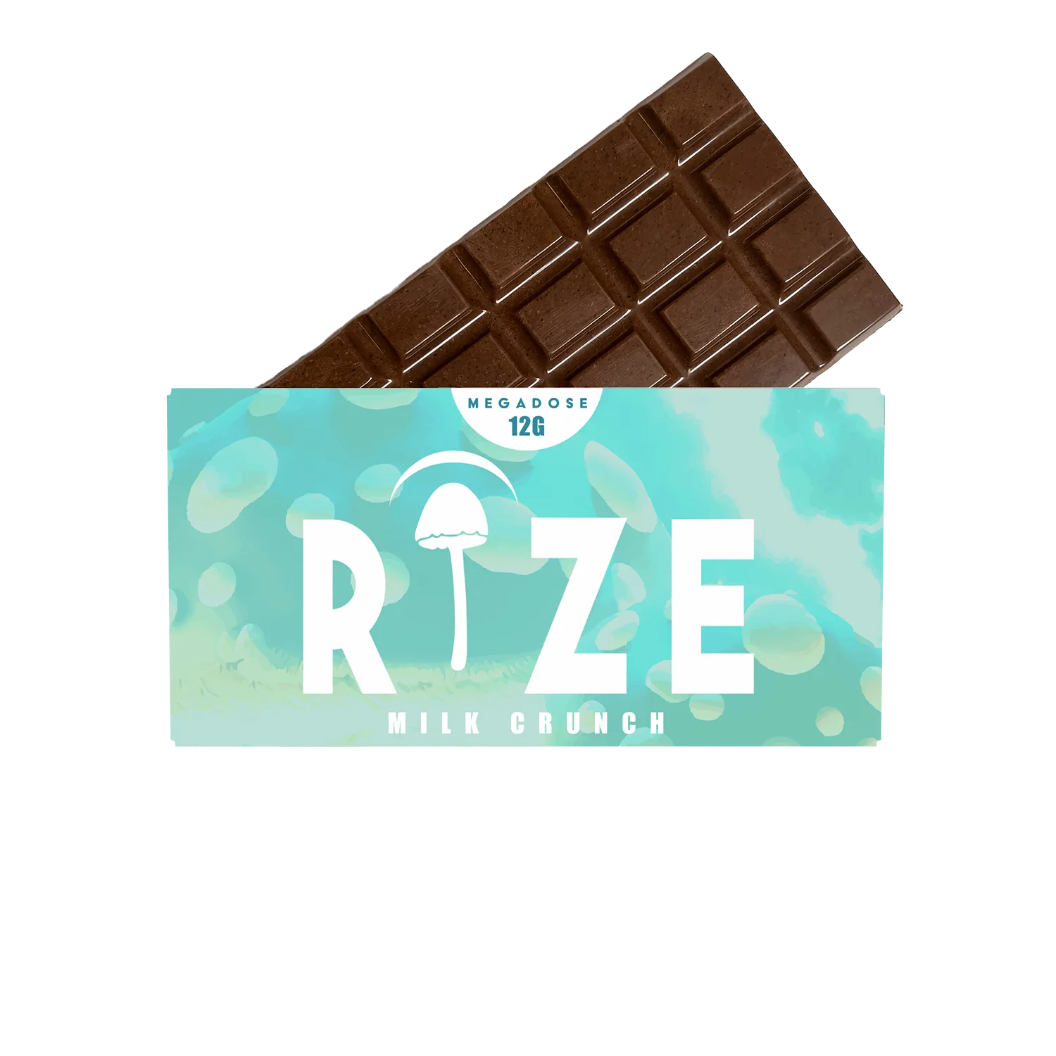 A Rize 12G Mushroom Chocolate Bar peeks from its light blue-green Rize packaging labeled Milk Crunch, with a mushroom graphic and MEGADOSE 12G at the top, suggesting a unique psychedelic experience.
