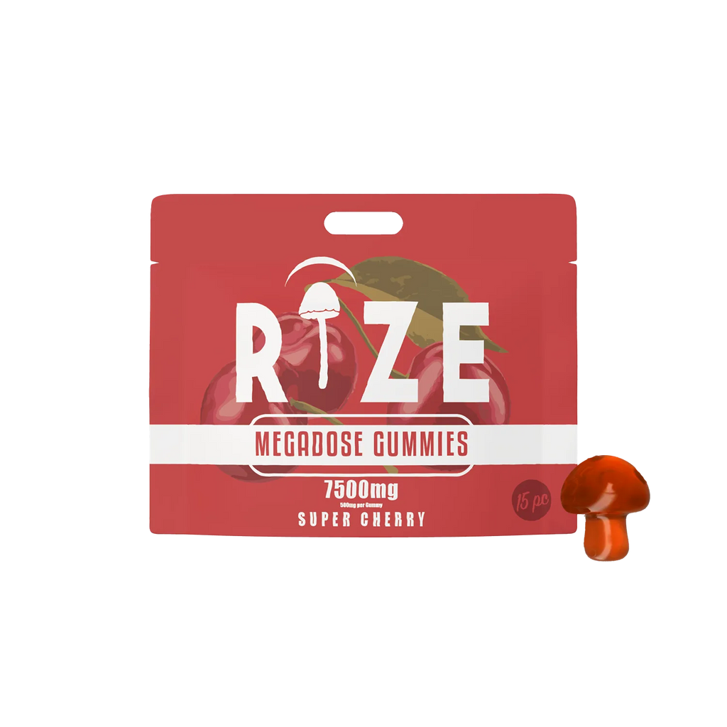 The Rize Megadose Gummies pouch, by Rize, showcases a mushroom illustration and a red, mushroom-shaped gummy, highlighting premium magic mushroom edibles for those seeking psychedelic experiences.