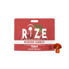 The Rize Megadose Gummies pouch, by Rize, showcases a mushroom illustration and a red, mushroom-shaped gummy, highlighting premium magic mushroom edibles for those seeking psychedelic experiences.