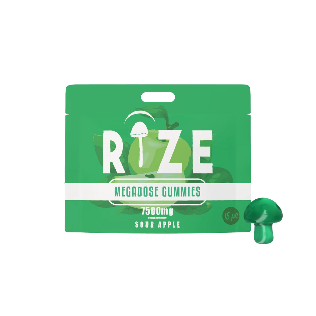 The green pouch of Rize Megadose Gummies by Rize, labeled 7500mg Sour Apple, features a green apple and mushroom-shaped gummy, delivering premium-quality magic mushroom gummies for those seeking potent psychedelic edibles.