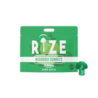 The green pouch of Rize Megadose Gummies by Rize, labeled 7500mg Sour Apple, features a green apple and mushroom-shaped gummy, delivering premium-quality magic mushroom gummies for those seeking potent psychedelic edibles.