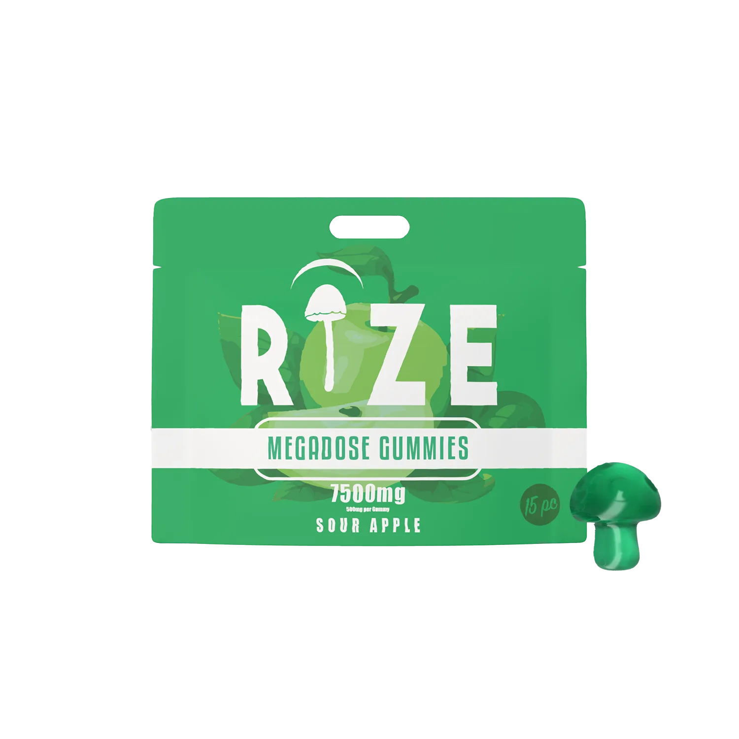 The green pouch of Rize Megadose Gummies by Rize, labeled 7500mg Sour Apple, features a green apple and mushroom-shaped gummy, delivering premium-quality magic mushroom gummies for those seeking potent psychedelic edibles.