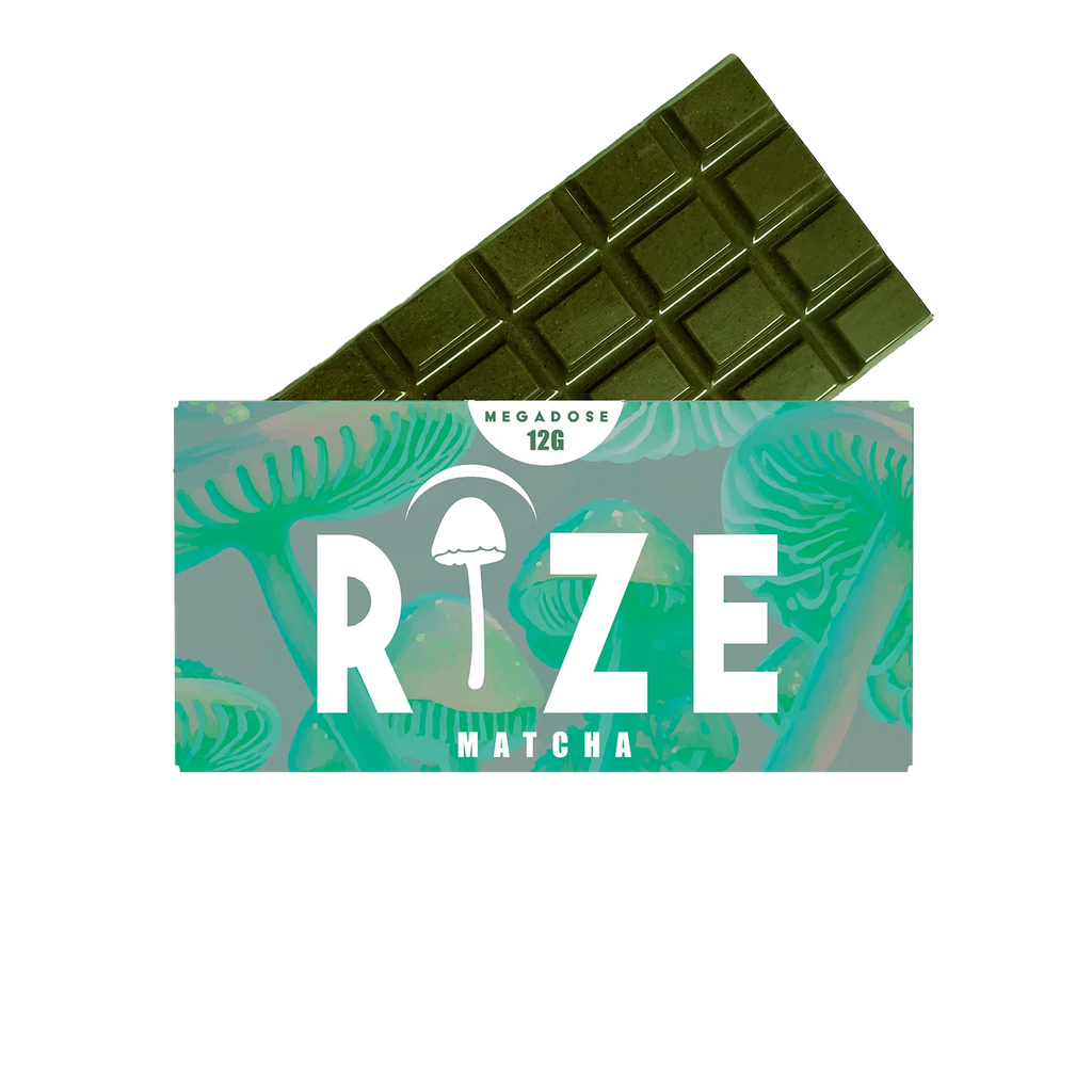 A green Rize 12G Mushroom Chocolate Bar is partially wrapped in packaging labeled RIZE, featuring psychedelic mushroom illustrations on a turquoise background.