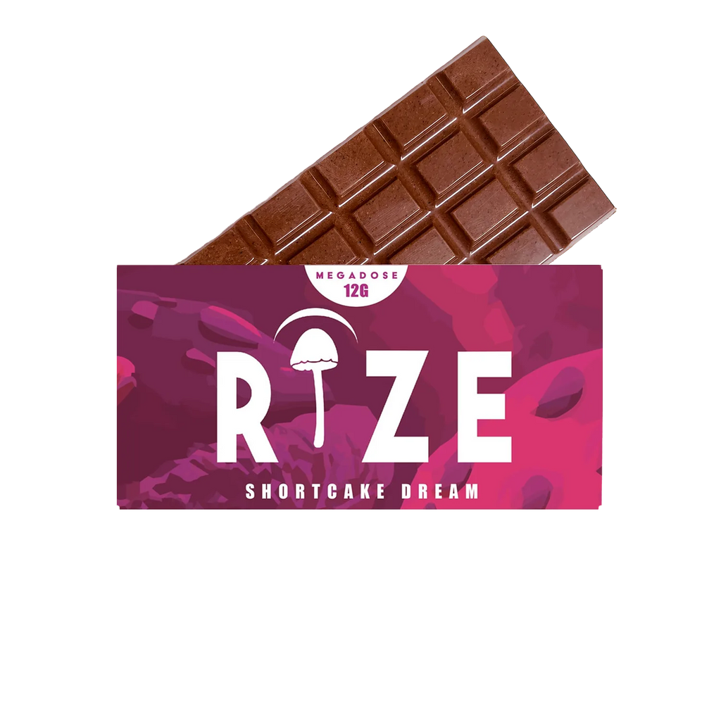 A chocolate bar partially wrapped in a pink and purple package labeled Rize 12G Mushroom Chocolate Bar, featuring a psychedelic mushroom icon—an irresistible treat from Rize.