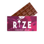 A chocolate bar partially wrapped in a pink and purple package labeled Rize 12G Mushroom Chocolate Bar, featuring a psychedelic mushroom icon—an irresistible treat from Rize.