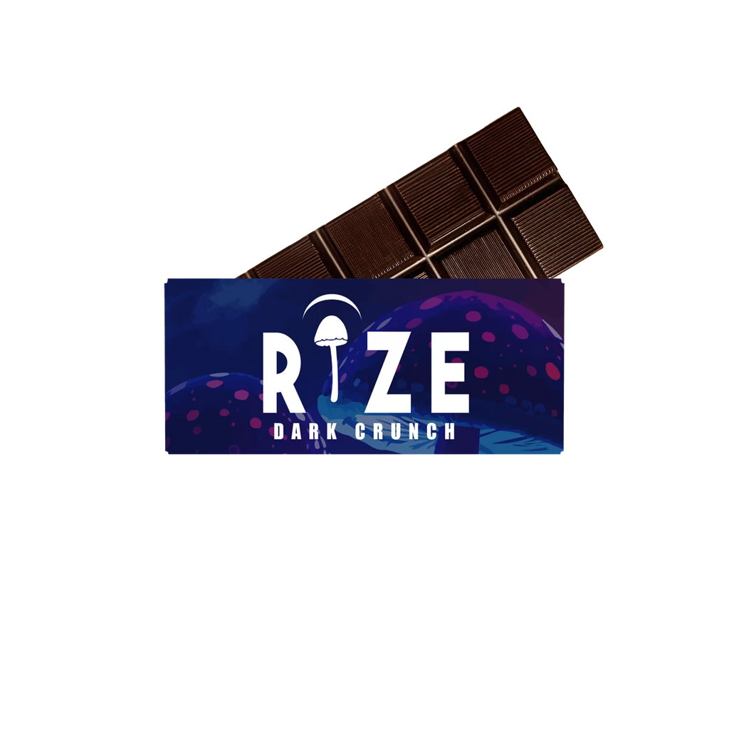 A partially unwrapped Rize 5G Mushroom Chocolate Bar in blue and purple packaging, labeled RIZE and featuring a white mushroom illustration—ideal for those seeking consistently dosed magic mushroom chocolate from the Rize brand.