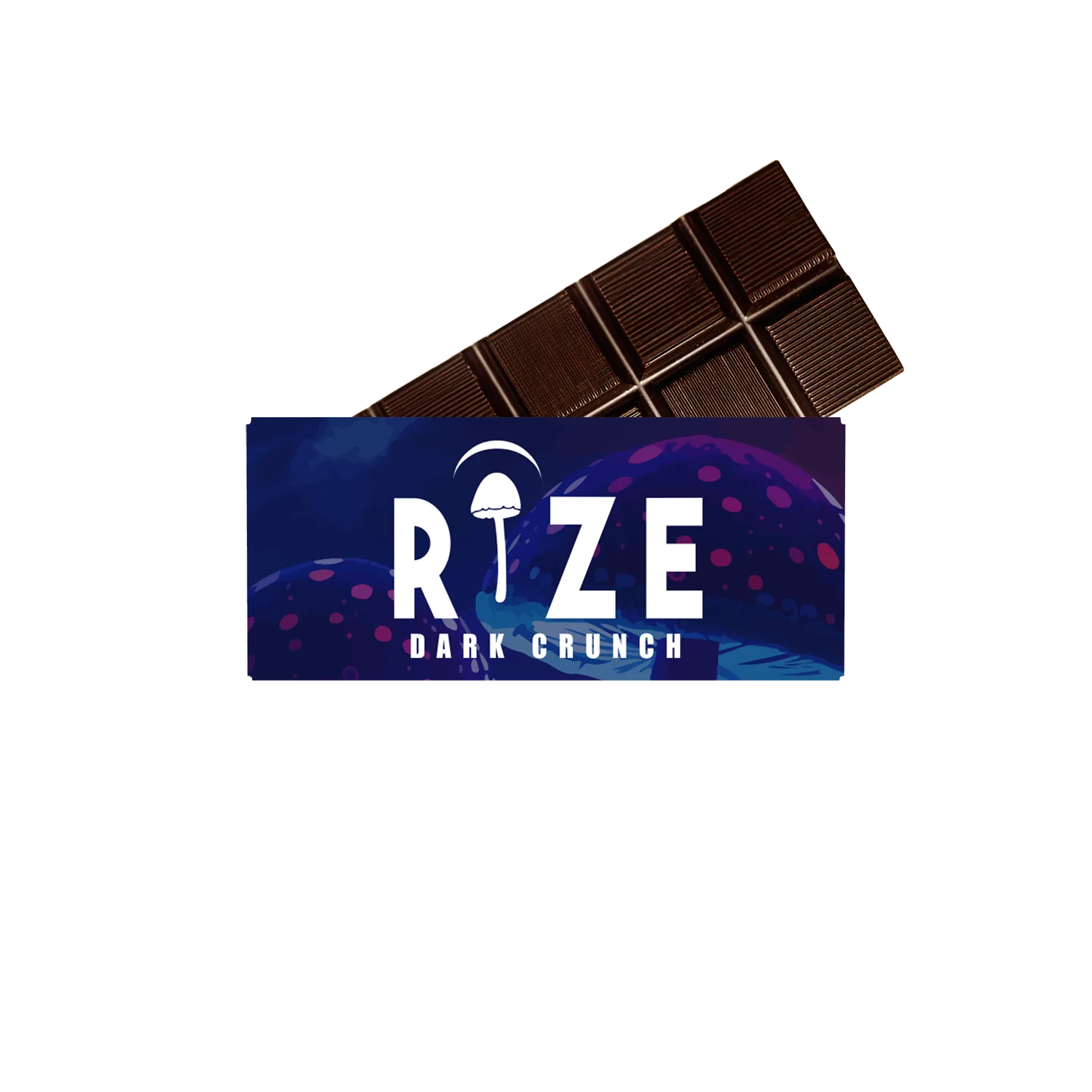 A partially unwrapped Rize 5G Mushroom Chocolate Bar in blue and purple packaging, labeled RIZE and featuring a white mushroom illustration—ideal for those seeking consistently dosed magic mushroom chocolate from the Rize brand.