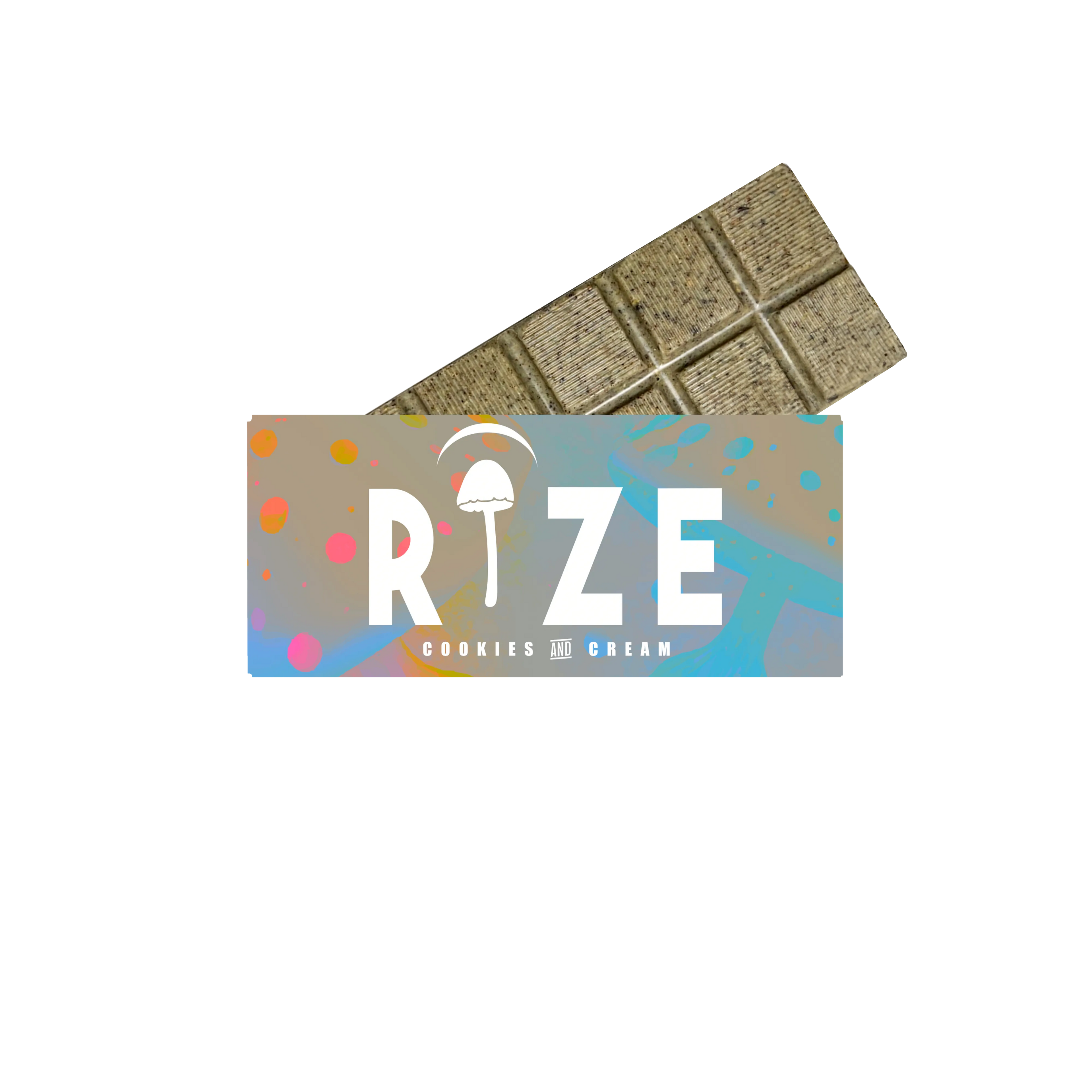 The Rize 5G Mushroom Chocolate Bar, partially wrapped in colorful packaging with a white mushroom above the “I” in RIZE, offers a consistent magic mushroom chocolate experience in every bite.