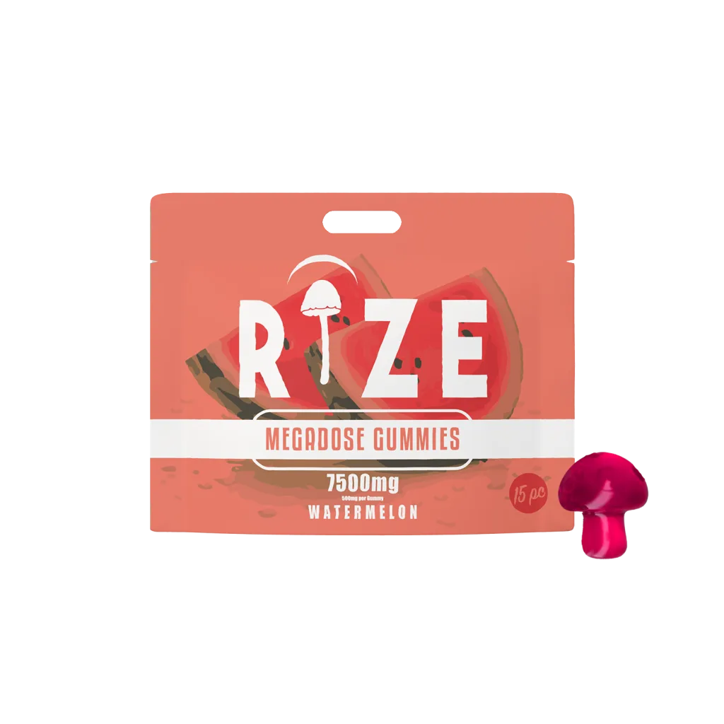 A red and pink pouch labeled Rize Megadose Gummies by Rize, featuring watermelon graphics and a mushroom-shaped gummy, offers premium-quality magic mushroom gummies for those seeking distinctive psychedelic edibles.