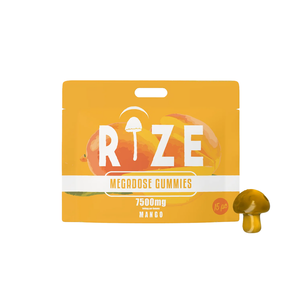A yellow-orange Rize Megadose Gummies package (7500mg, Mango) with a mushroom icon and a single gummy beside it, ideal for those seeking premium psychedelic edibles from the Rize brand.
