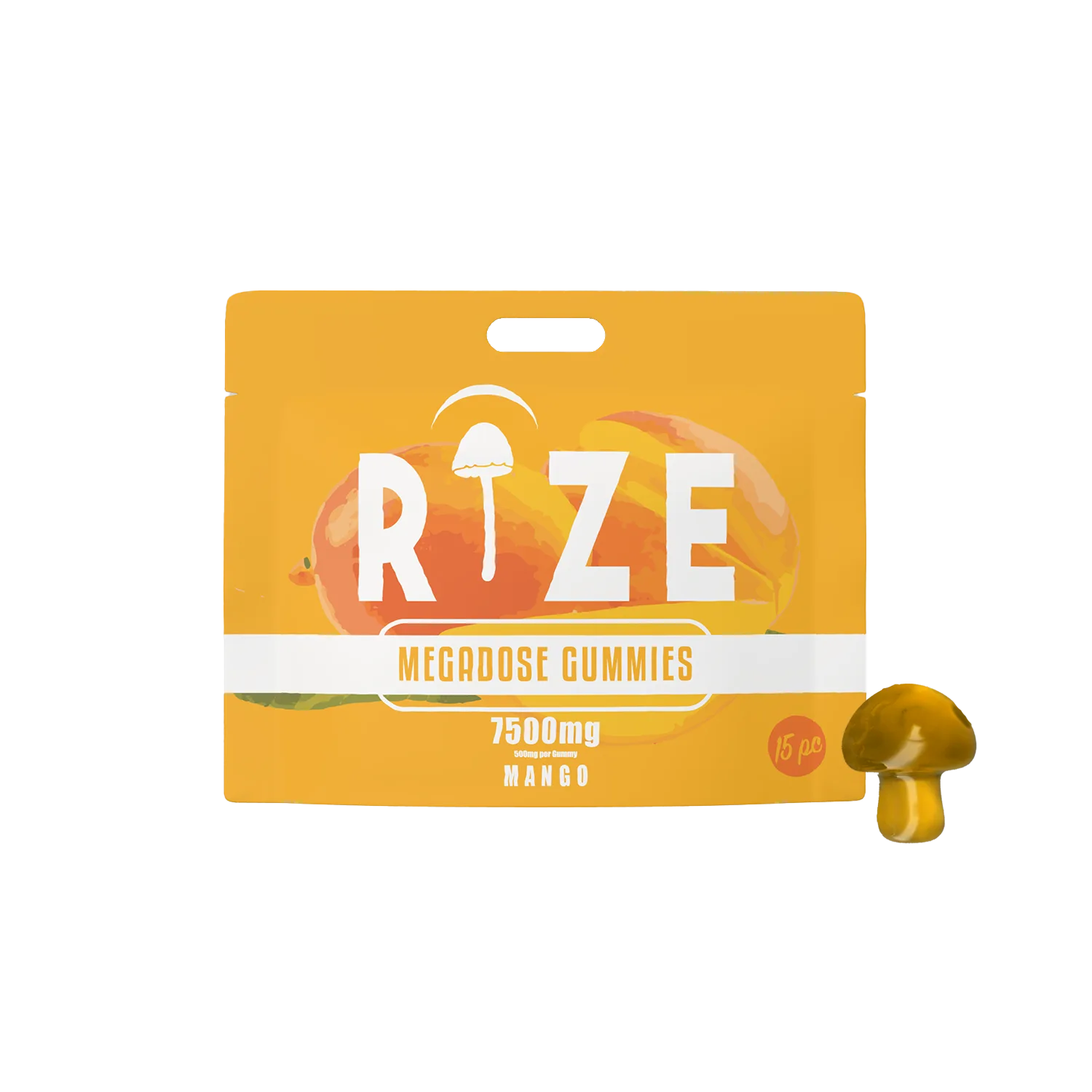 A yellow-orange Rize Megadose Gummies package (7500mg, Mango) with a mushroom icon and a single gummy beside it, ideal for those seeking premium psychedelic edibles from the Rize brand.
