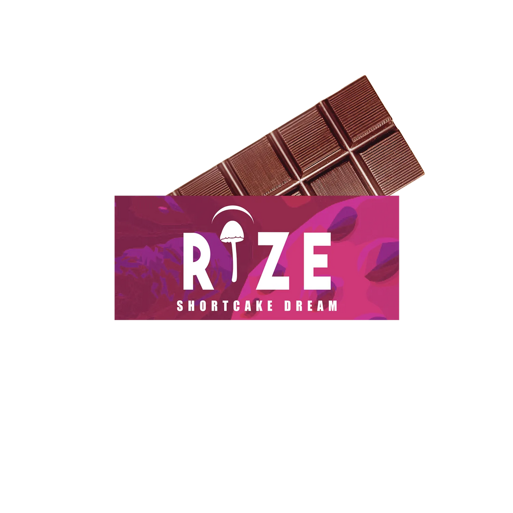 A chocolate bar partially behind a pink and purple Rize 5G Mushroom Chocolate Bar package, with a mushroom icon for the I in RIZE, suggests a magic mushroom blend for consistent dosage and a uniquely delightful experience.
