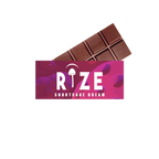 A chocolate bar partially behind a pink and purple Rize 5G Mushroom Chocolate Bar package, with a mushroom icon for the I in RIZE, suggests a magic mushroom blend for consistent dosage and a uniquely delightful experience.