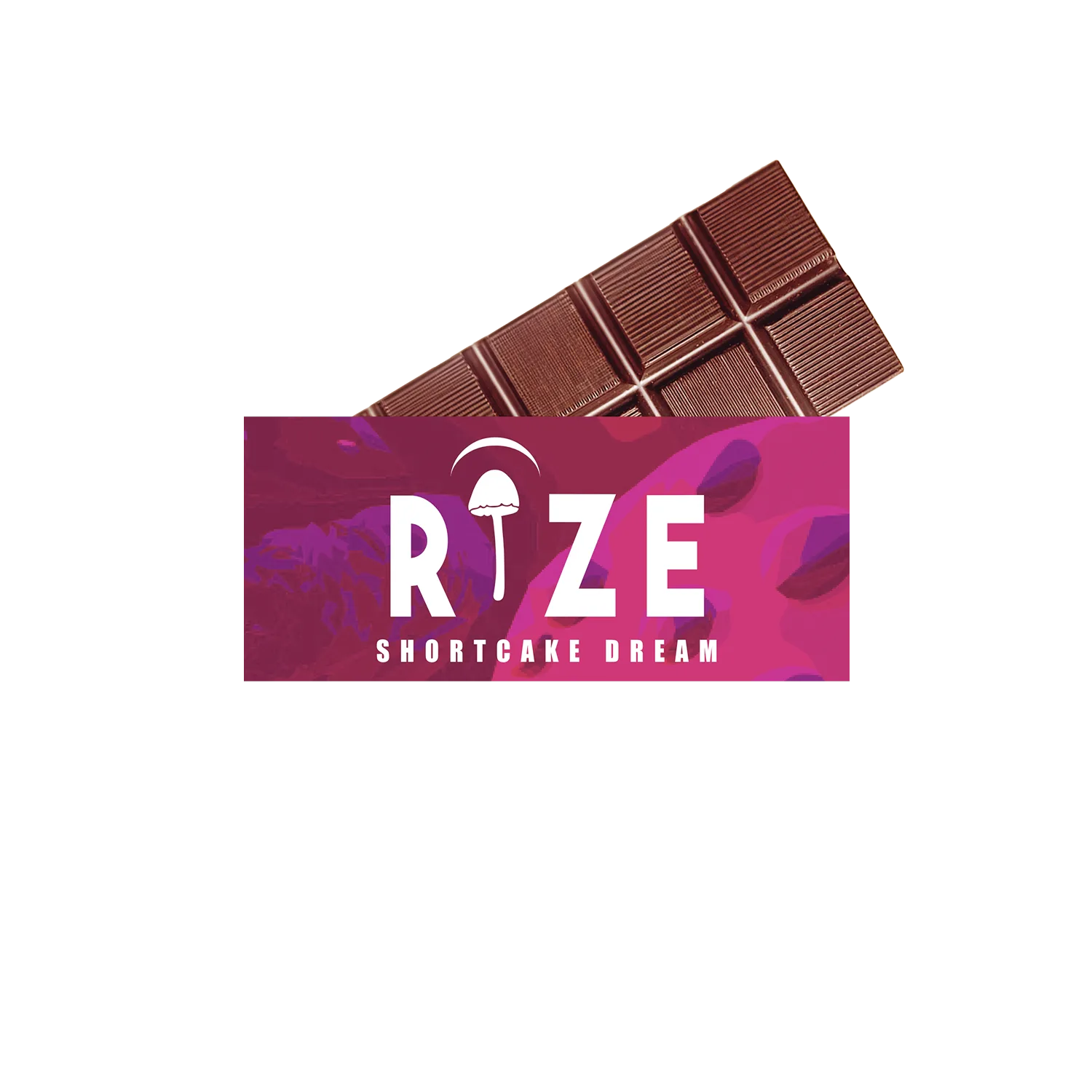 A chocolate bar partially behind a pink and purple Rize 5G Mushroom Chocolate Bar package, with a mushroom icon for the I in RIZE, suggests a magic mushroom blend for consistent dosage and a uniquely delightful experience.