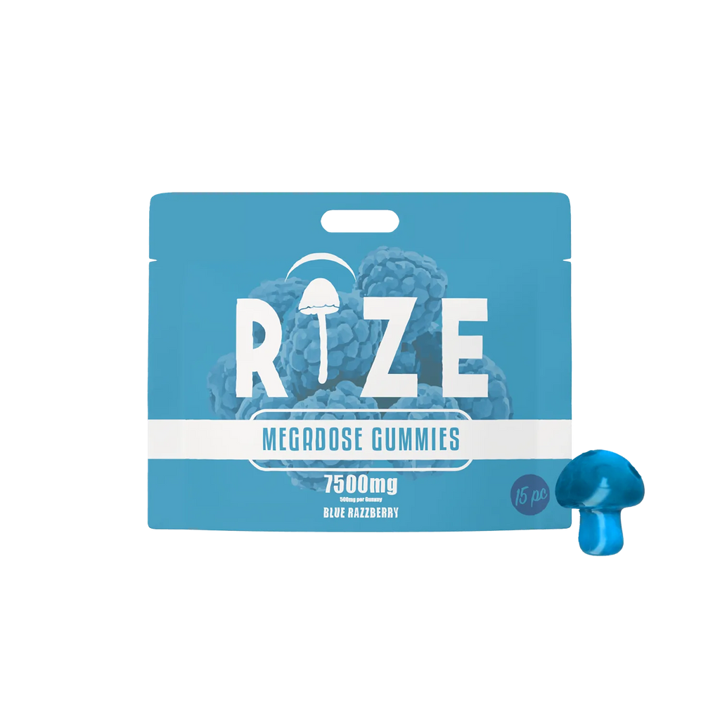 A blue pouch labeled Rize Megadose Gummies by Rize features blue raspberry images and a small blue mushroom-shaped gummy, highlighting these premium-quality gummies.
