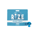 A blue pouch labeled Rize Megadose Gummies by Rize features blue raspberry images and a small blue mushroom-shaped gummy, highlighting these premium-quality gummies.