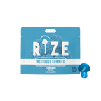 A blue pouch labeled Rize Megadose Gummies by Rize features blue raspberry images and a small blue mushroom-shaped gummy, highlighting these premium-quality gummies.
