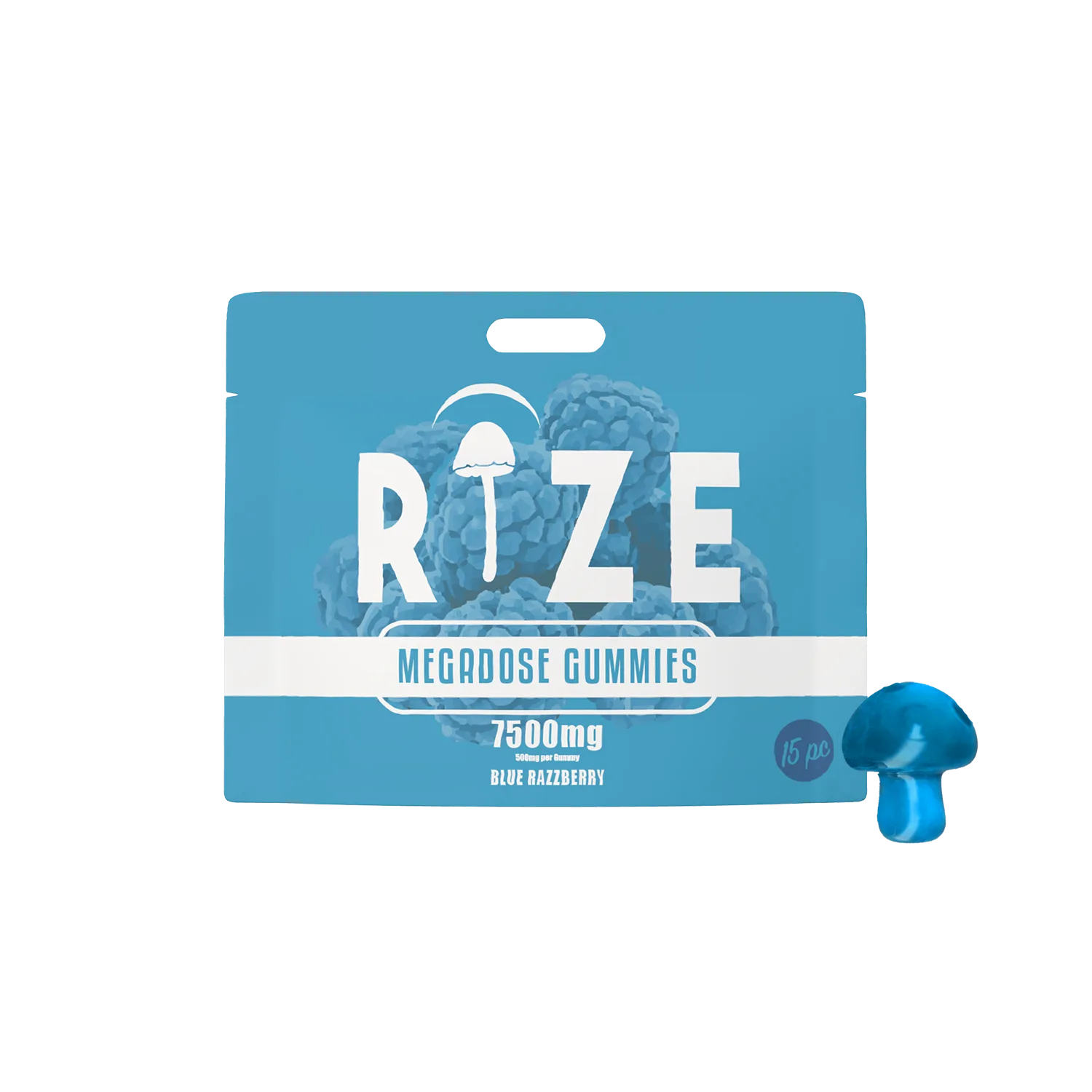 A blue pouch labeled Rize Megadose Gummies by Rize features blue raspberry images and a small blue mushroom-shaped gummy, highlighting these premium-quality gummies.