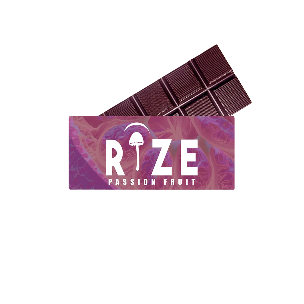 The Rize 5G Mushroom Chocolate Bar comes in a vibrant purple and pink wrapper labeled RIZE PASSION FRUIT with a mushroom icon—delicious magic mushroom chocolate crafted by Rize for consistent dosage.