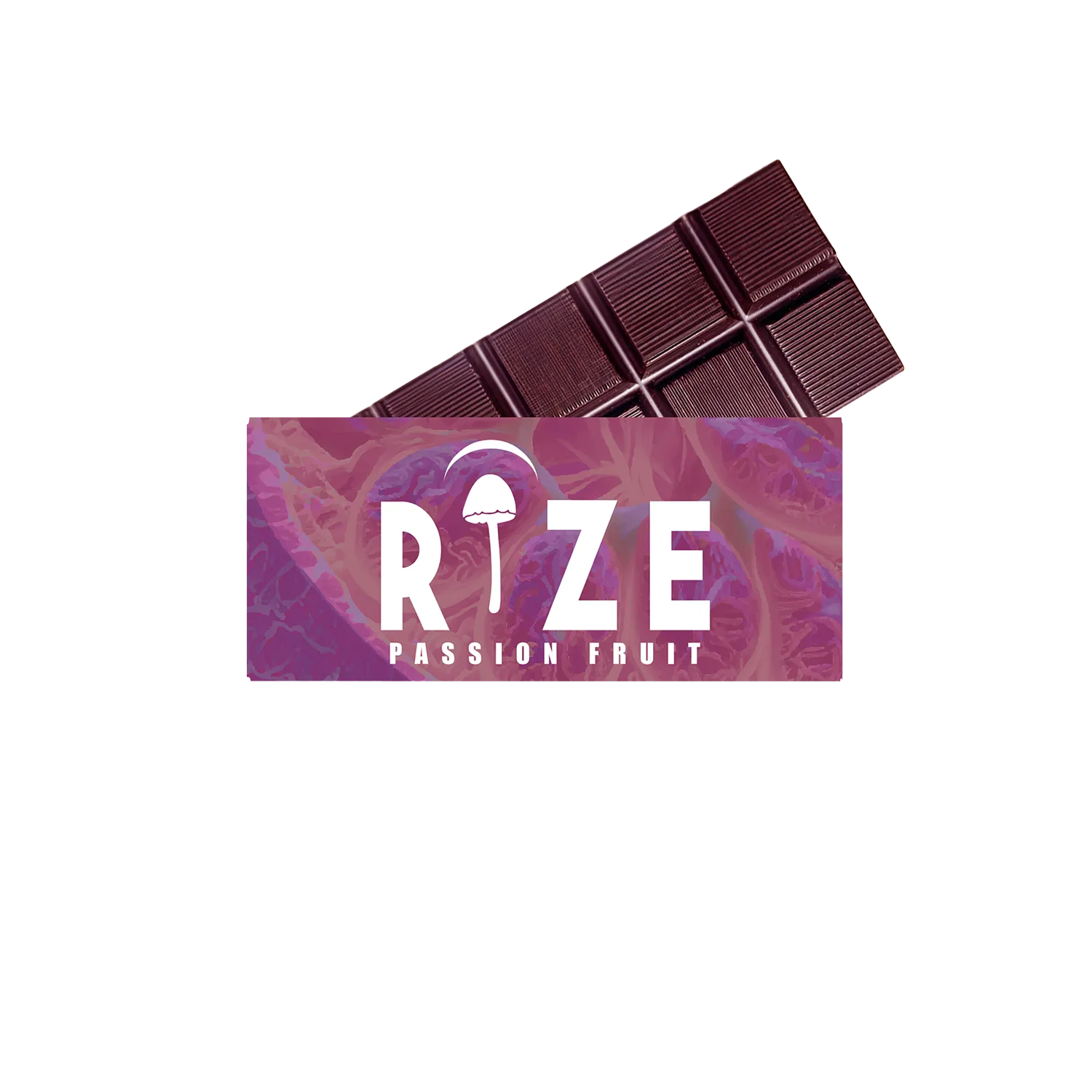 The Rize 5G Mushroom Chocolate Bar comes in a vibrant purple and pink wrapper labeled RIZE PASSION FRUIT with a mushroom icon—delicious magic mushroom chocolate crafted by Rize for consistent dosage.