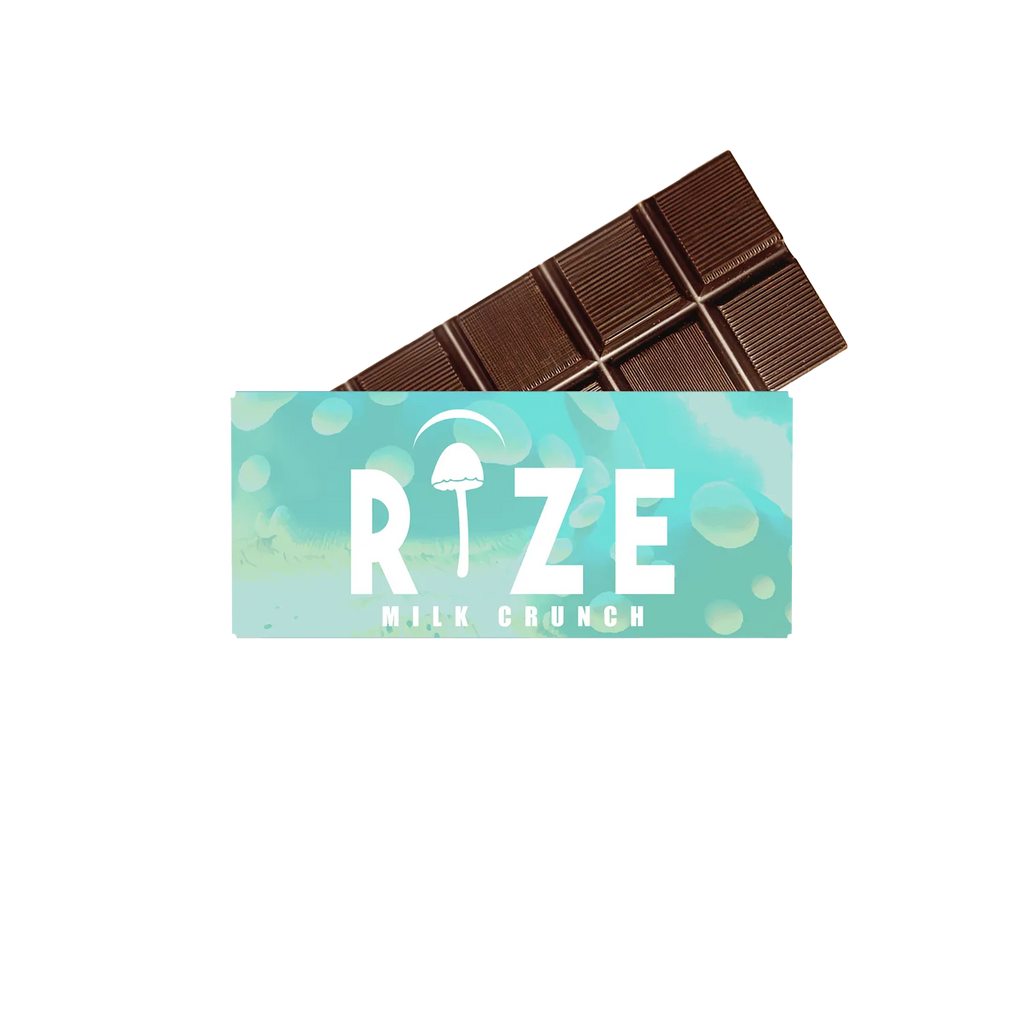 A partially unwrapped Rize 5G Mushroom Chocolate Bar reveals segment lines for consistent dosing, with a wrapper labeled Rize on a blue and white background.