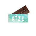 A partially unwrapped Rize 5G Mushroom Chocolate Bar reveals segment lines for consistent dosing, with a wrapper labeled Rize on a blue and white background.