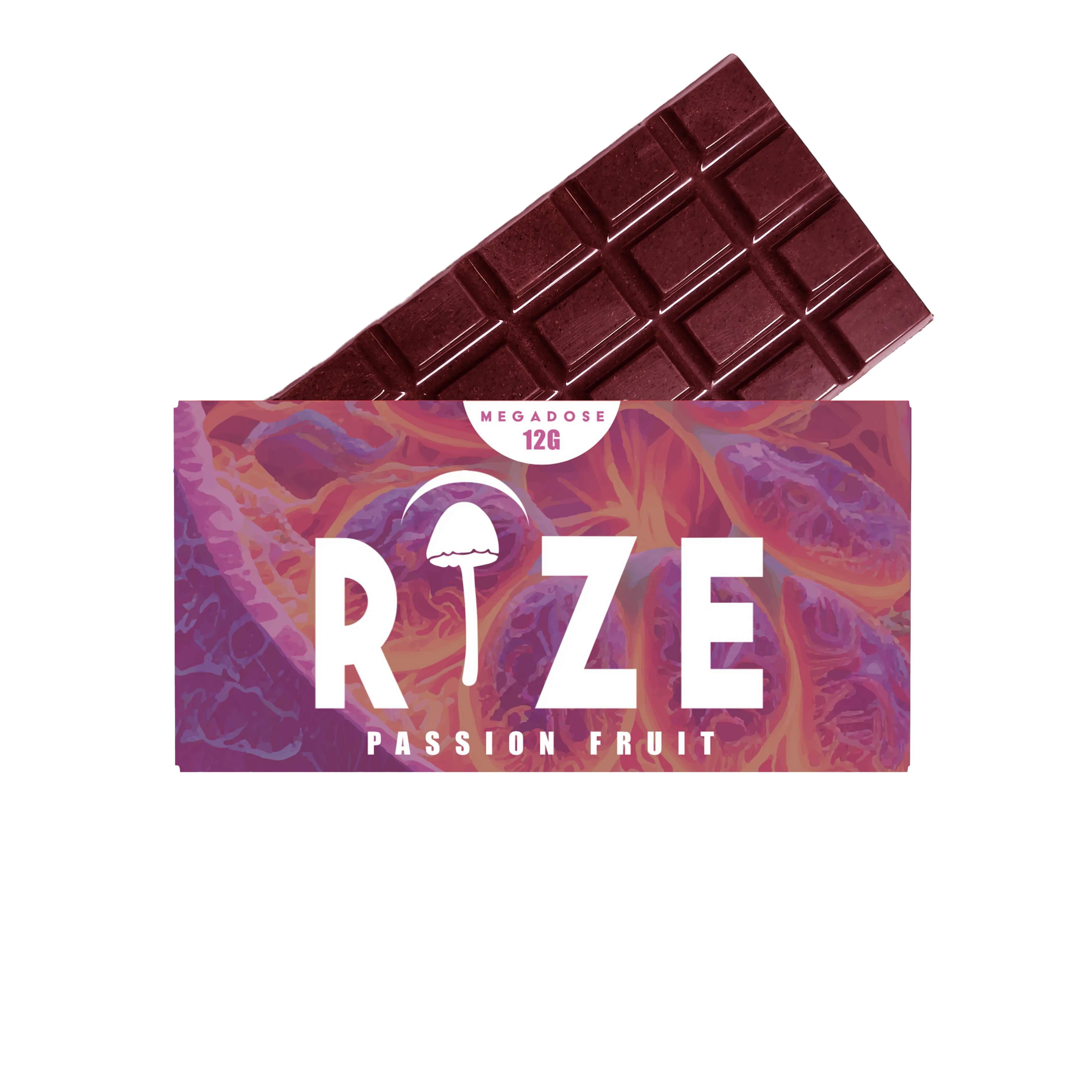 A partially unwrapped Rize 12G Mushroom Chocolate Bar in passion fruit flavor, featuring a purple and orange wrapper with the Rize mushroom icon, “PASSION FRUIT” below, and “MEGADOSE 12G” at the top.