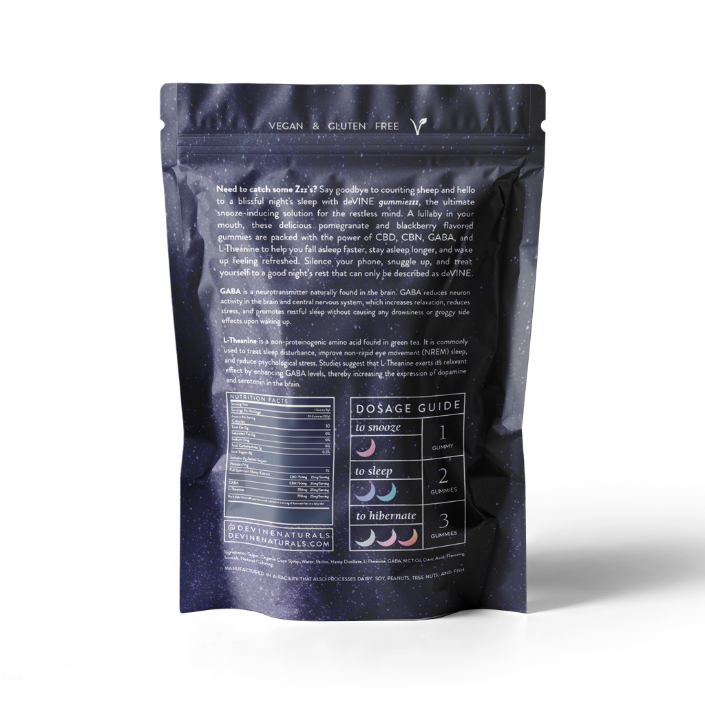 The back of a GummieZzz pouch by DeVINE Wellness features product info, dosage guide, ingredients, and nutrition facts on dark, starry packaging. It highlights that these vegan and gluten-free CBD sleep gummies support restful sleep.