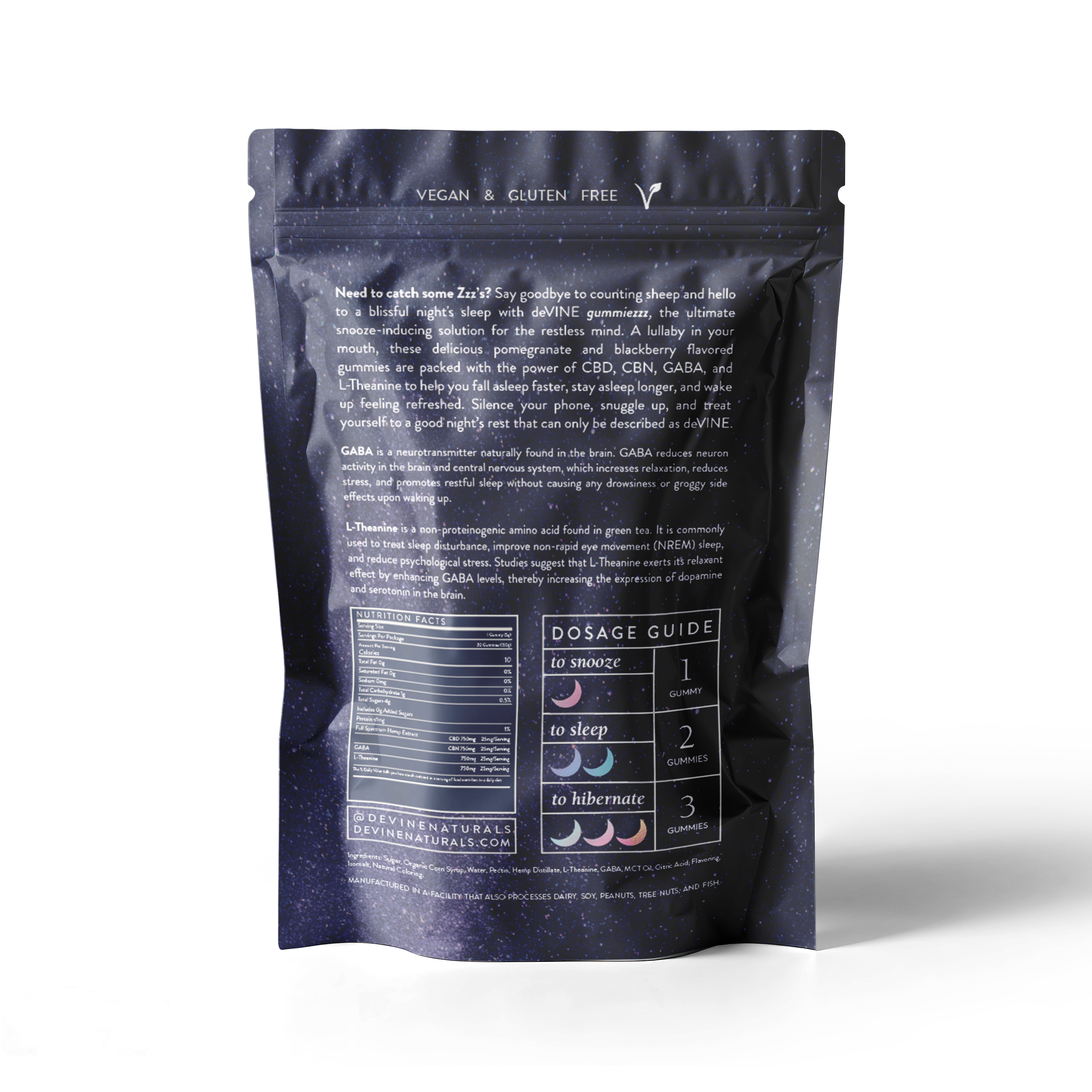 The back of a GummieZzz pouch by DeVINE Wellness features product info, dosage guide, ingredients, and nutrition facts on dark, starry packaging. It highlights that these vegan and gluten-free CBD sleep gummies support restful sleep.