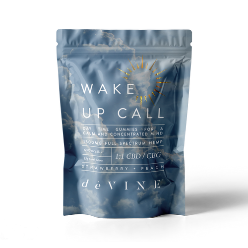 deVINE Wake Up Call CBD + CBG daytime gummies pouch